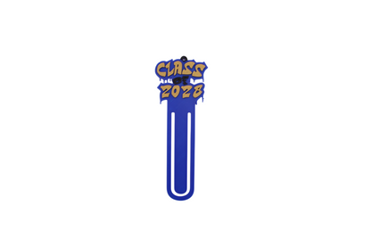 3D printed blue page clip bookmarks for Class of 2028 and Senior 2028 graduates, gold lettering set