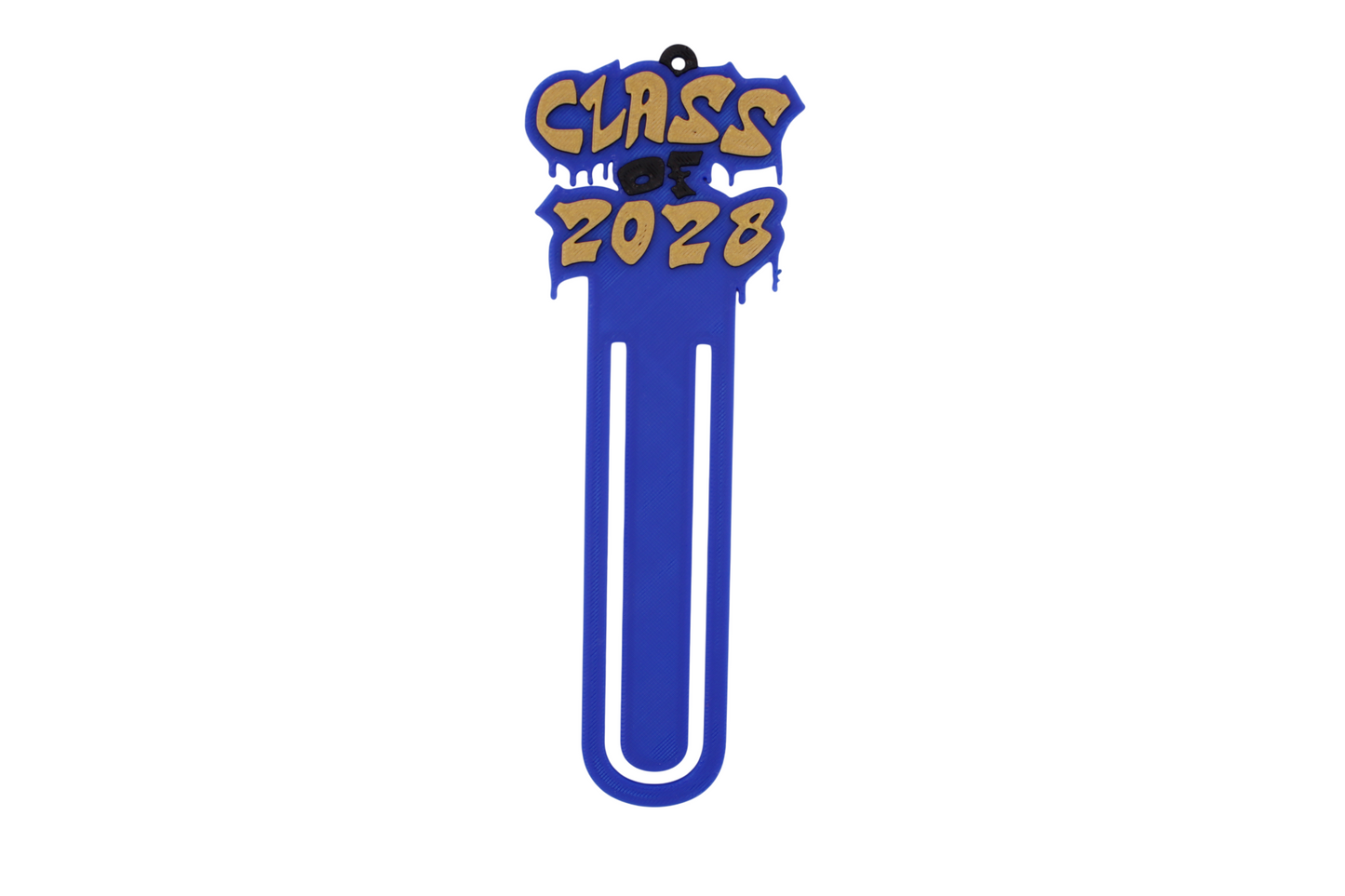 3D printed blue page clip bookmarks for Class of 2028 and Senior 2028 graduates, gold lettering set