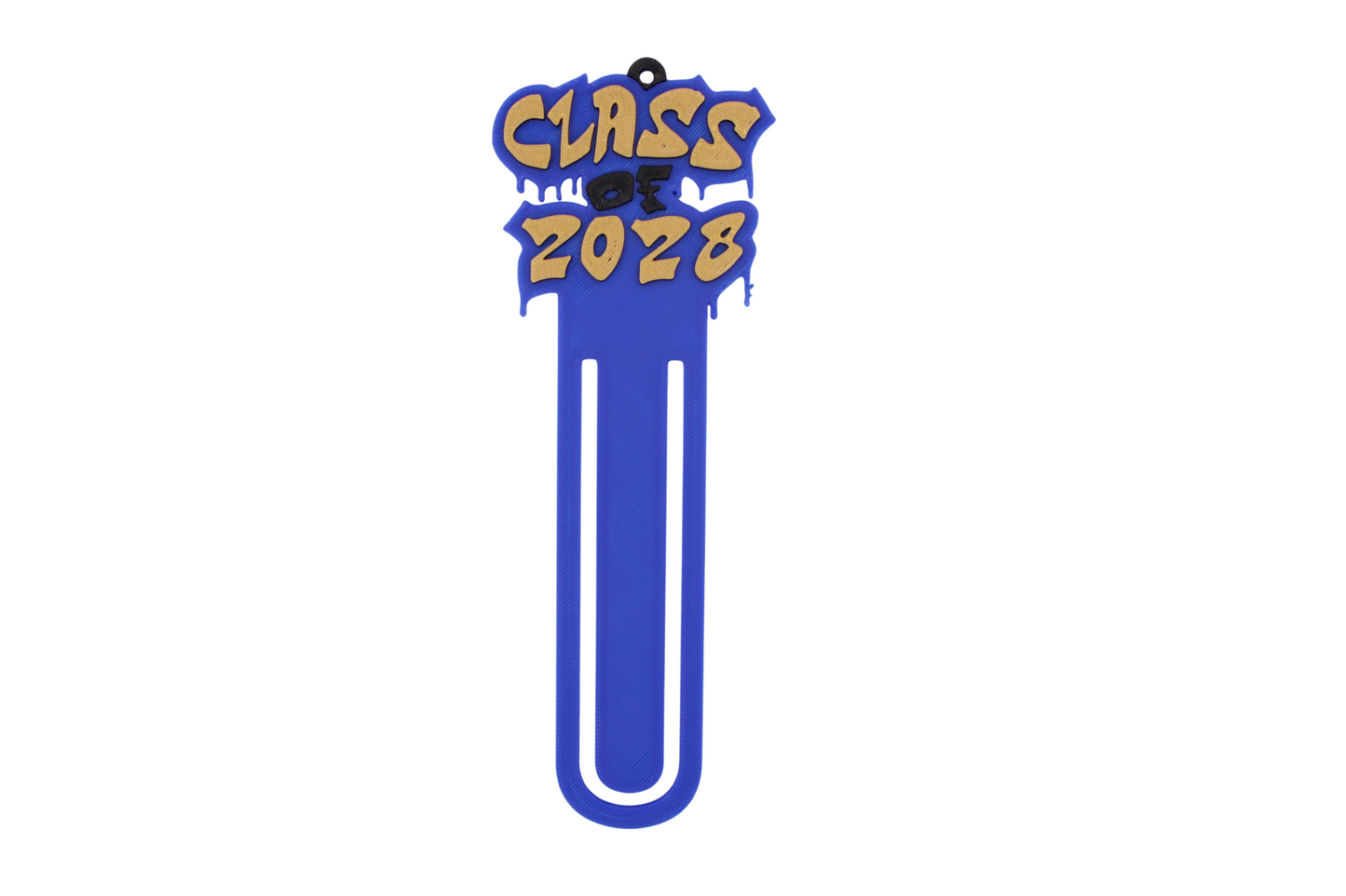 3D printed blue page clip bookmarks for Class of 2028 and Senior 2028 graduates, gold lettering set