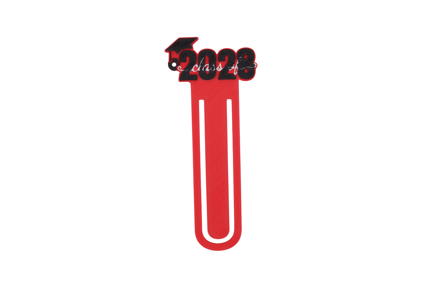3D printed red graduation bookmark with black and white Class of 2028 lettering and cap icons