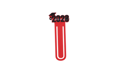3D printed red graduation bookmark with black and white Class of 2028 lettering and cap icons