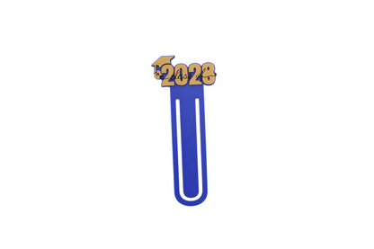 3D printed blue page clip bookmarks for Class of 2028 and Senior 2028 graduates, gold lettering set