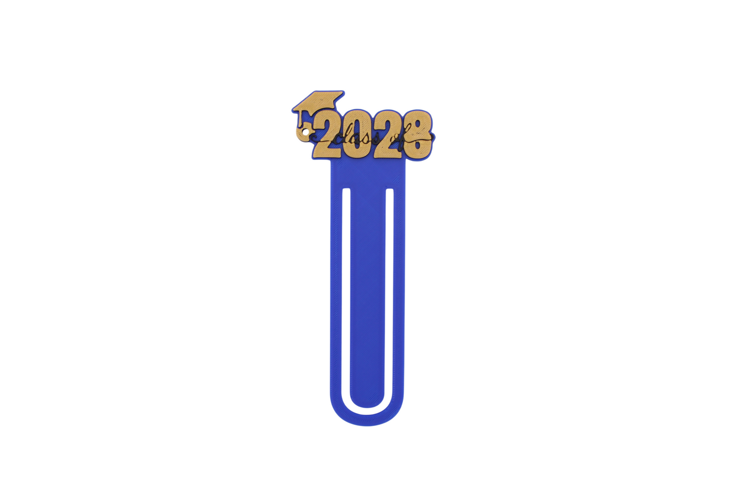3D printed blue page clip bookmarks for Class of 2028 and Senior 2028 graduates, gold lettering set