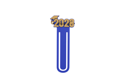 3D printed blue page clip bookmarks for Class of 2028 and Senior 2028 graduates, gold lettering set