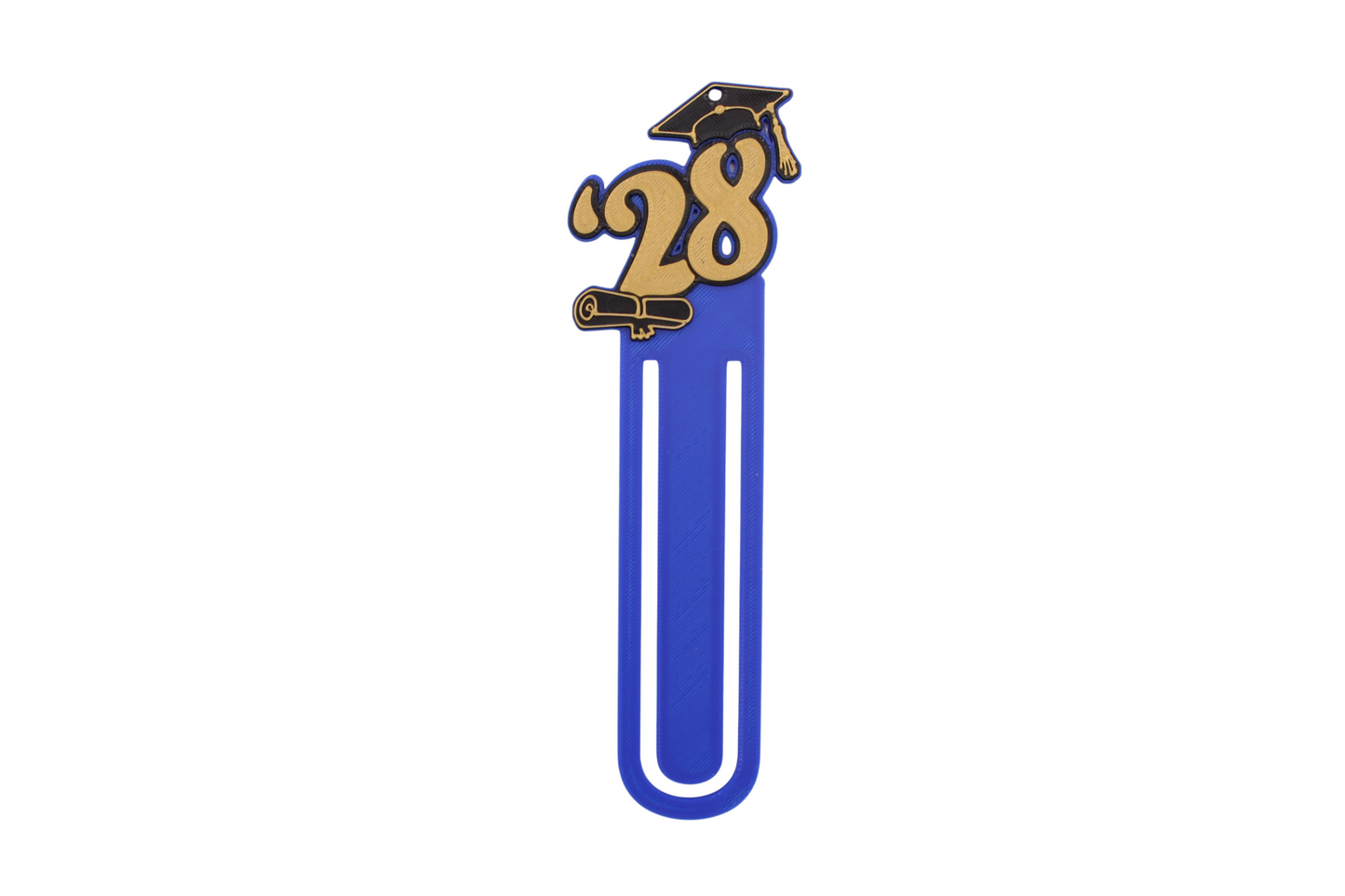 3D printed blue page clip bookmarks for Class of 2028 and Senior 2028 graduates, gold lettering set