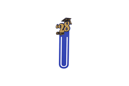 3D printed blue page clip bookmarks for Class of 2028 and Senior 2028 graduates, gold lettering set