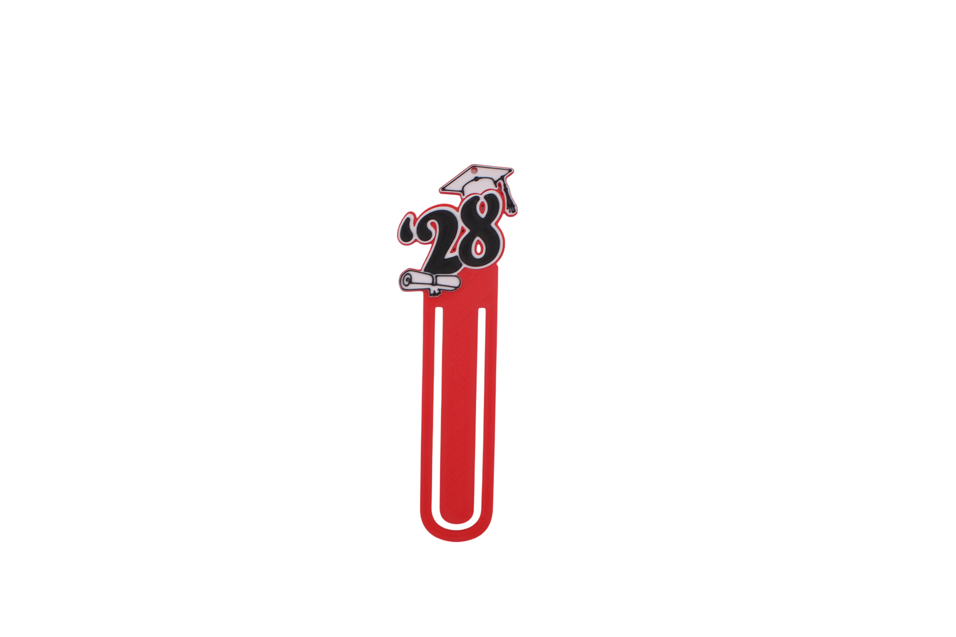 3D printed red graduation bookmark with black and white Class of 2028 lettering and cap icons