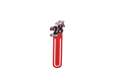 3D printed red graduation bookmark with black and white Class of 2028 lettering and cap icons