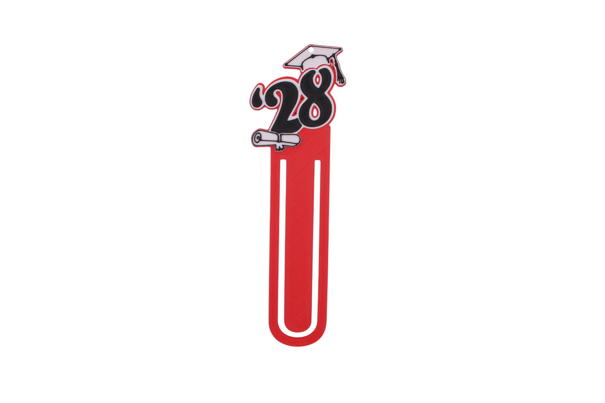 3D printed red graduation bookmark with black and white Class of 2028 lettering and cap icons