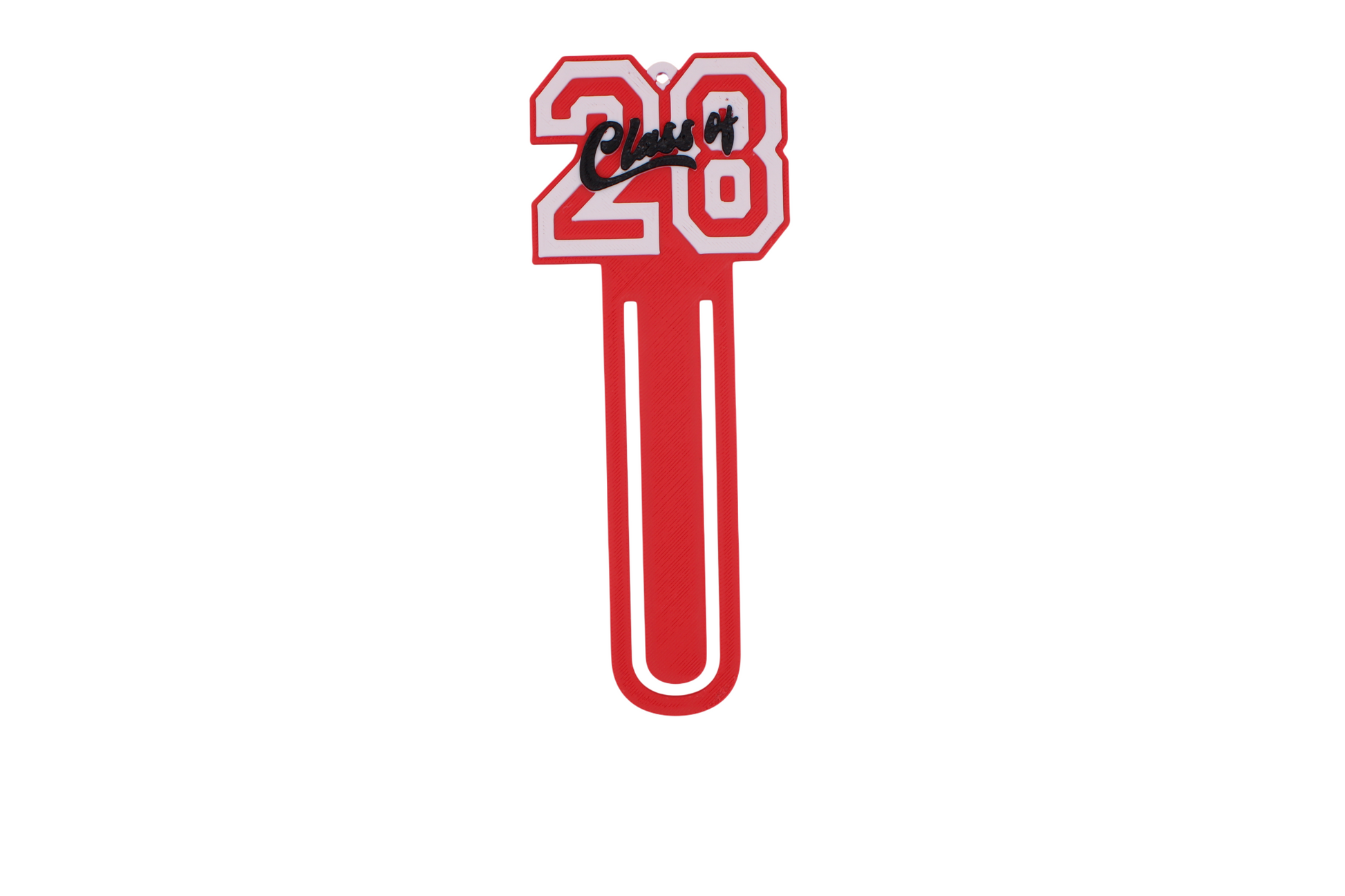 3D printed red graduation bookmark with black and white Class of 2028 lettering and cap icons