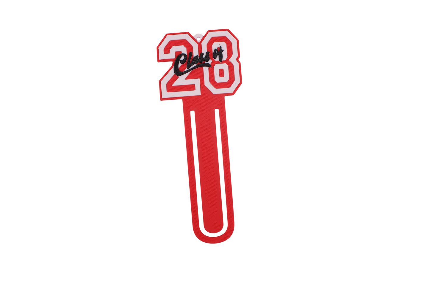 3D printed red graduation bookmark with black and white Class of 2028 lettering and cap icons