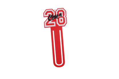 3D printed red graduation bookmark with black and white Class of 2028 lettering and cap icons