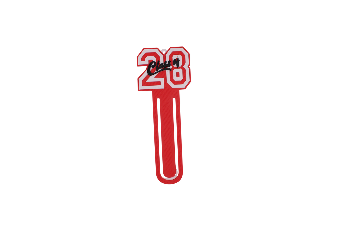3D printed red graduation bookmark with black and white Class of 2028 lettering and cap icons