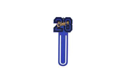 3D printed blue page clip bookmarks for Class of 2028 and Senior 2028 graduates, gold lettering set