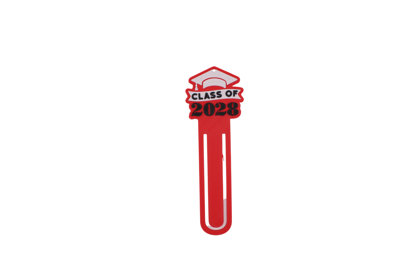 3D printed red graduation bookmark with black and white Class of 2028 lettering and cap icons