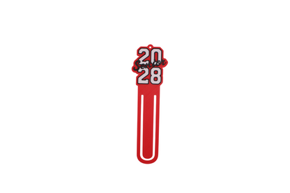 3D printed red graduation bookmark with black and white Class of 2028 lettering and cap icons