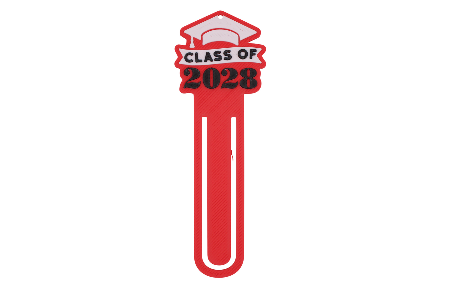 3D printed red graduation bookmark with black and white Class of 2028 lettering and cap icons