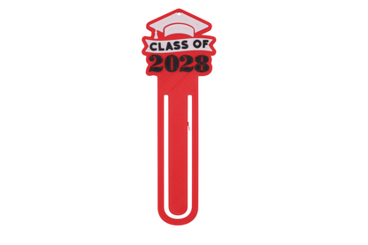 3D printed red graduation bookmark with black and white Class of 2028 lettering and cap icons