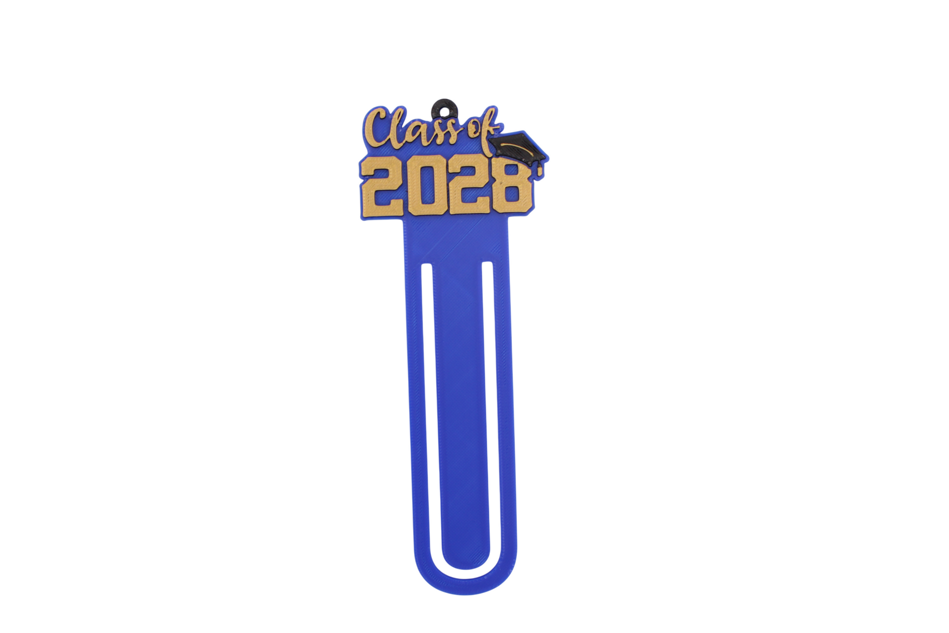 3D printed blue page clip bookmarks for Class of 2028 and Senior 2028 graduates, gold lettering set