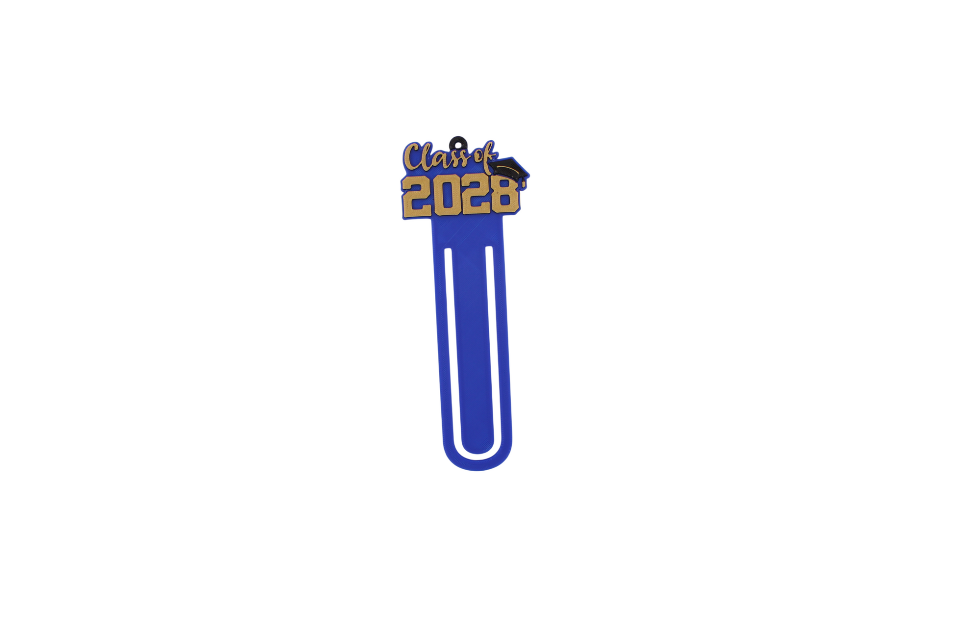 3D printed blue page clip bookmarks for Class of 2028 and Senior 2028 graduates, gold lettering set