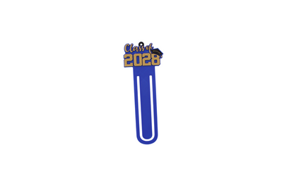 3D printed blue page clip bookmarks for Class of 2028 and Senior 2028 graduates, gold lettering set