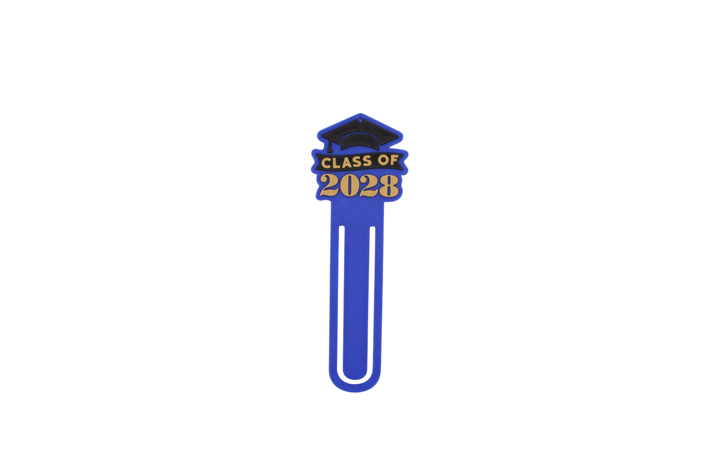 3D printed blue page clip bookmarks for Class of 2028 and Senior 2028 graduates, gold lettering set