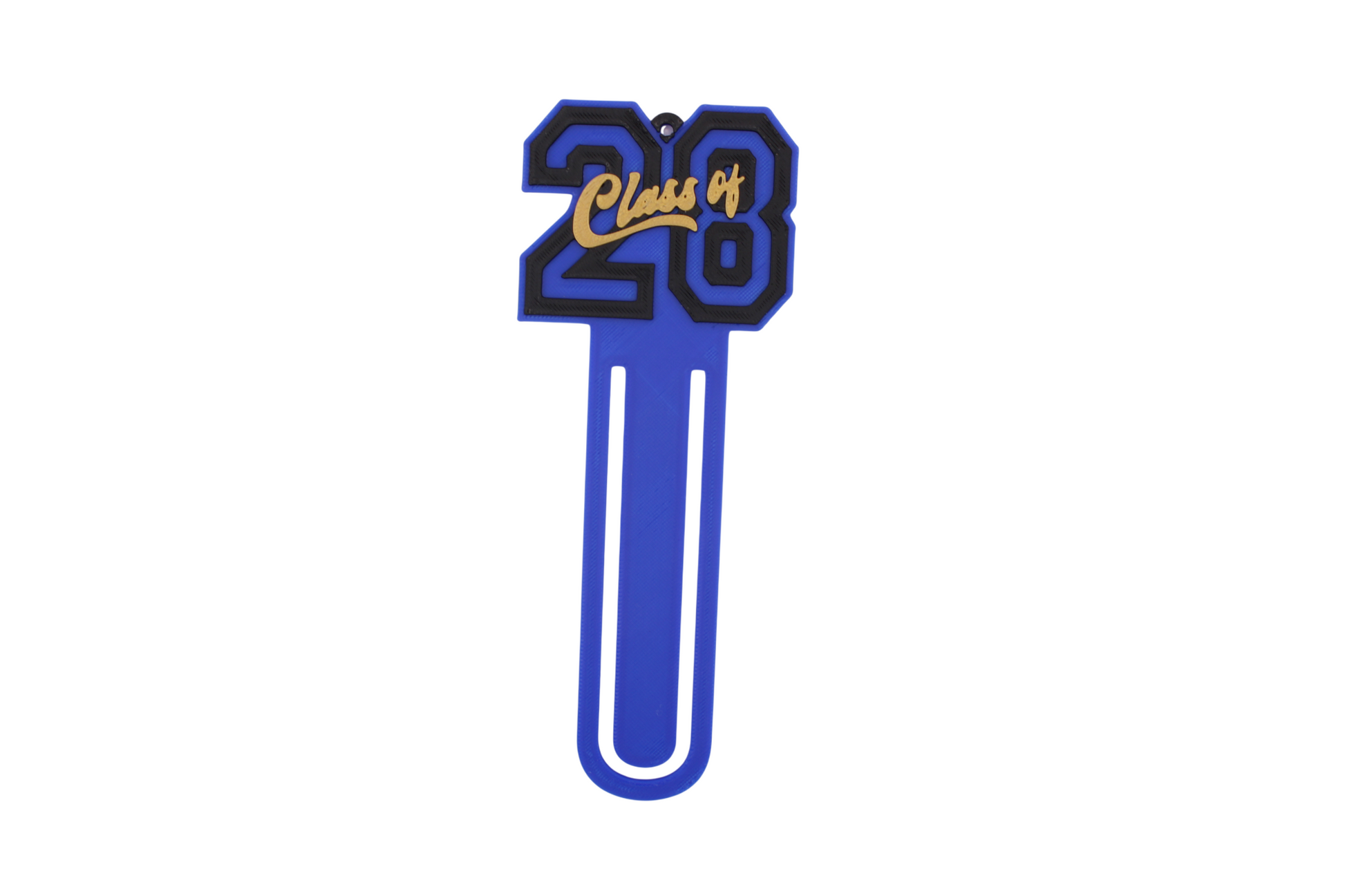 3D printed blue page clip bookmarks for Class of 2028 and Senior 2028 graduates, gold lettering set