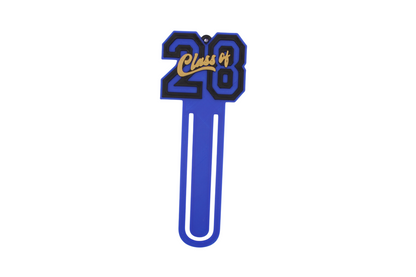 3D printed blue page clip bookmarks for Class of 2028 and Senior 2028 graduates, gold lettering set