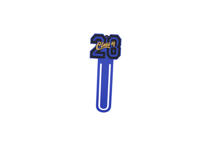 3D printed blue page clip bookmarks for Class of 2028 and Senior 2028 graduates, gold lettering set