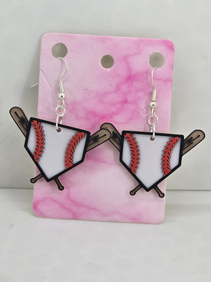 Baseball/Softball Plate and Bat 3D Printed Earrings