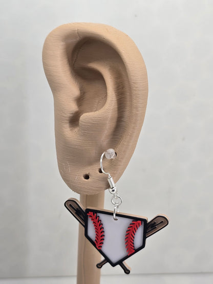 Baseball/Softball Plate and Bat 3D Printed Earrings