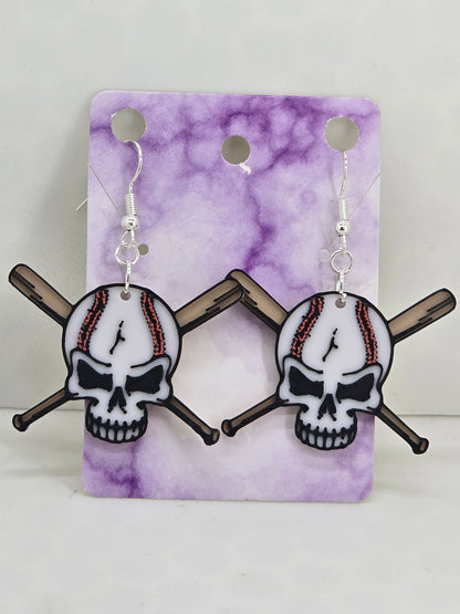 Baseball Skull and Bat 3D Printed Earrings