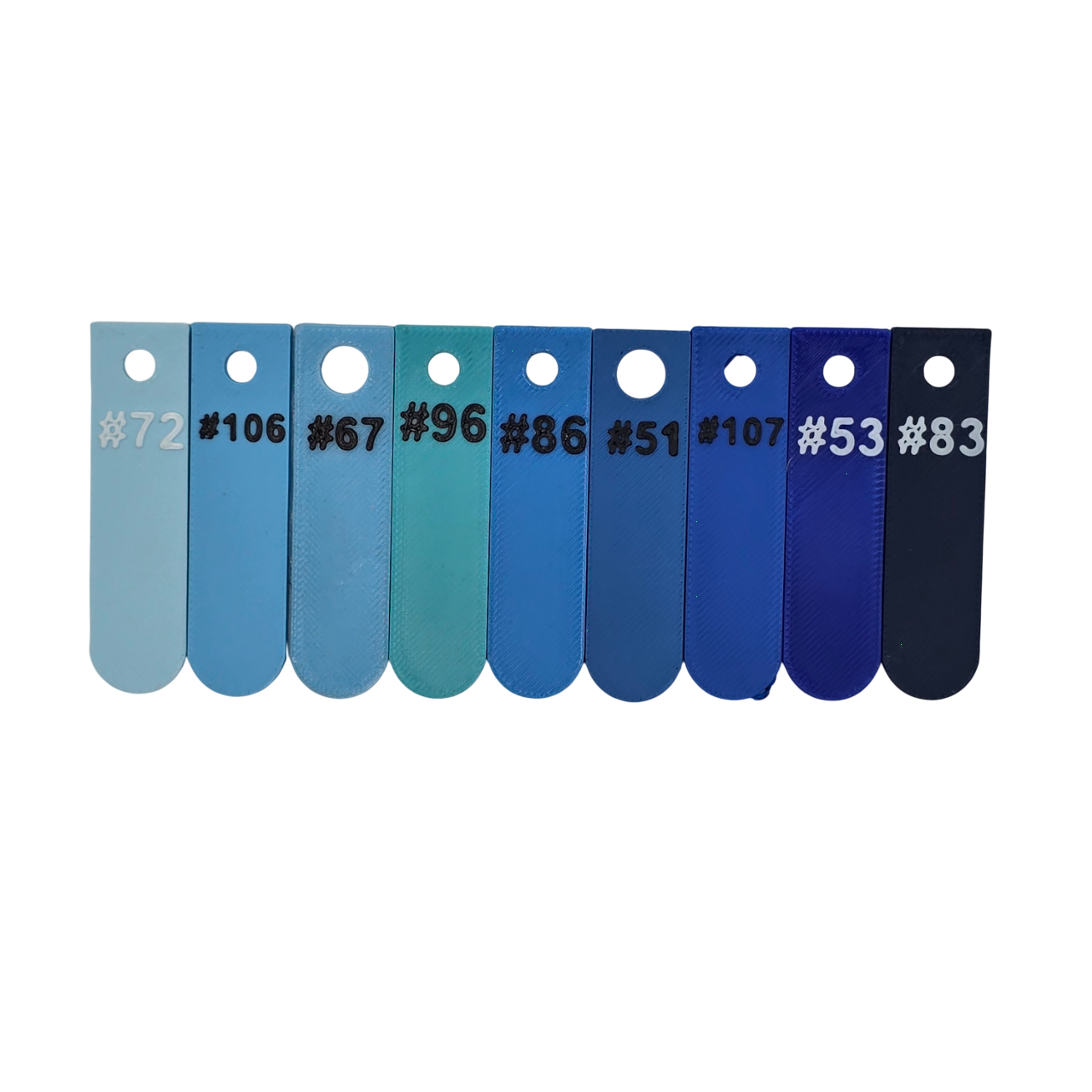 Set of blue color swatches with numbers on a white background