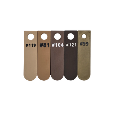 Five color swatches with numbers on a white background