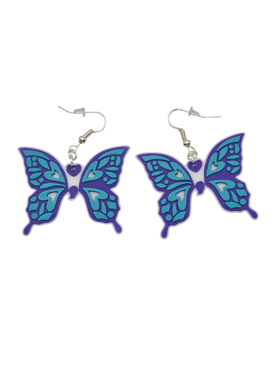Butterfly-shaped earrings with blue and purple design on a white background