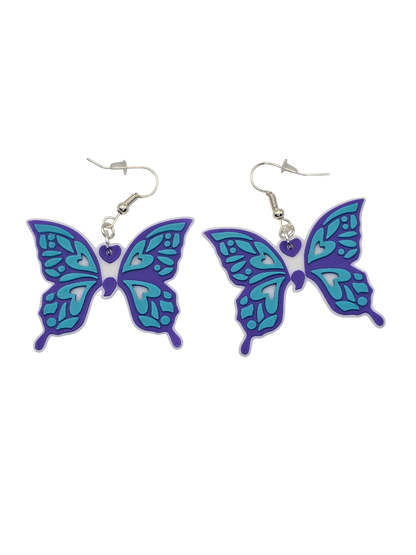Butterfly-shaped earrings with blue and purple design on a white background