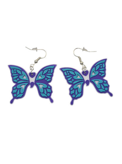 Butterfly-shaped earrings with blue and purple design on a white background
