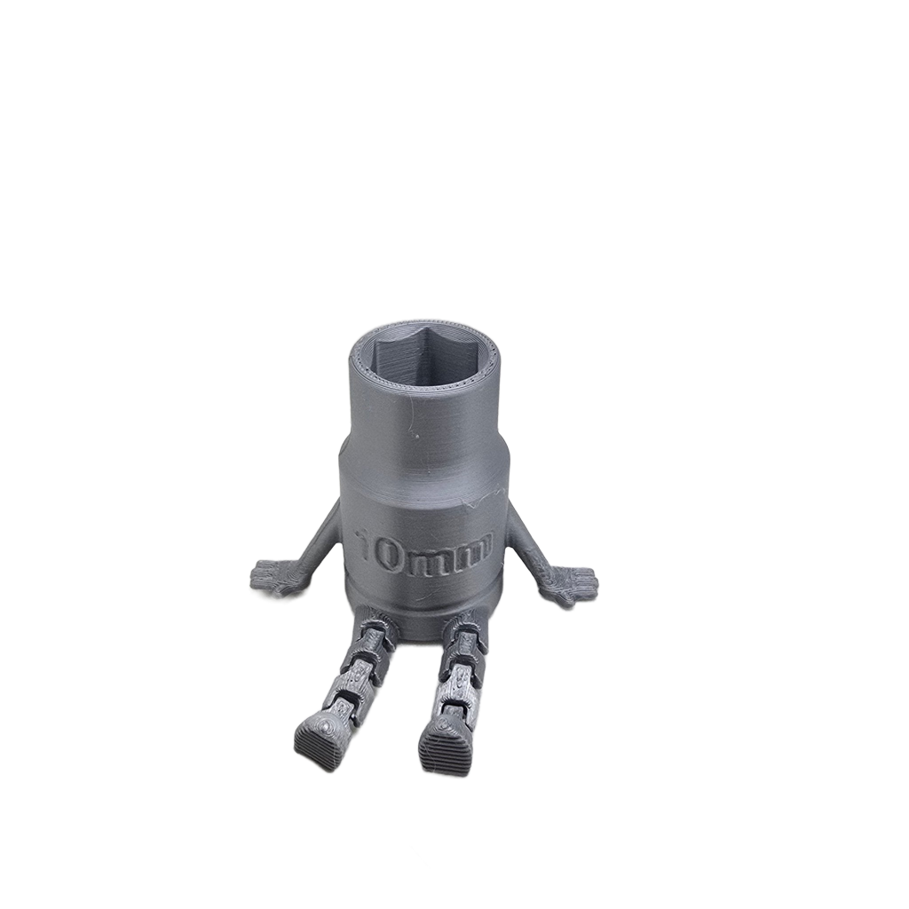 Grey 10mm Socket Buddy pencil holder with articulated arms and legs