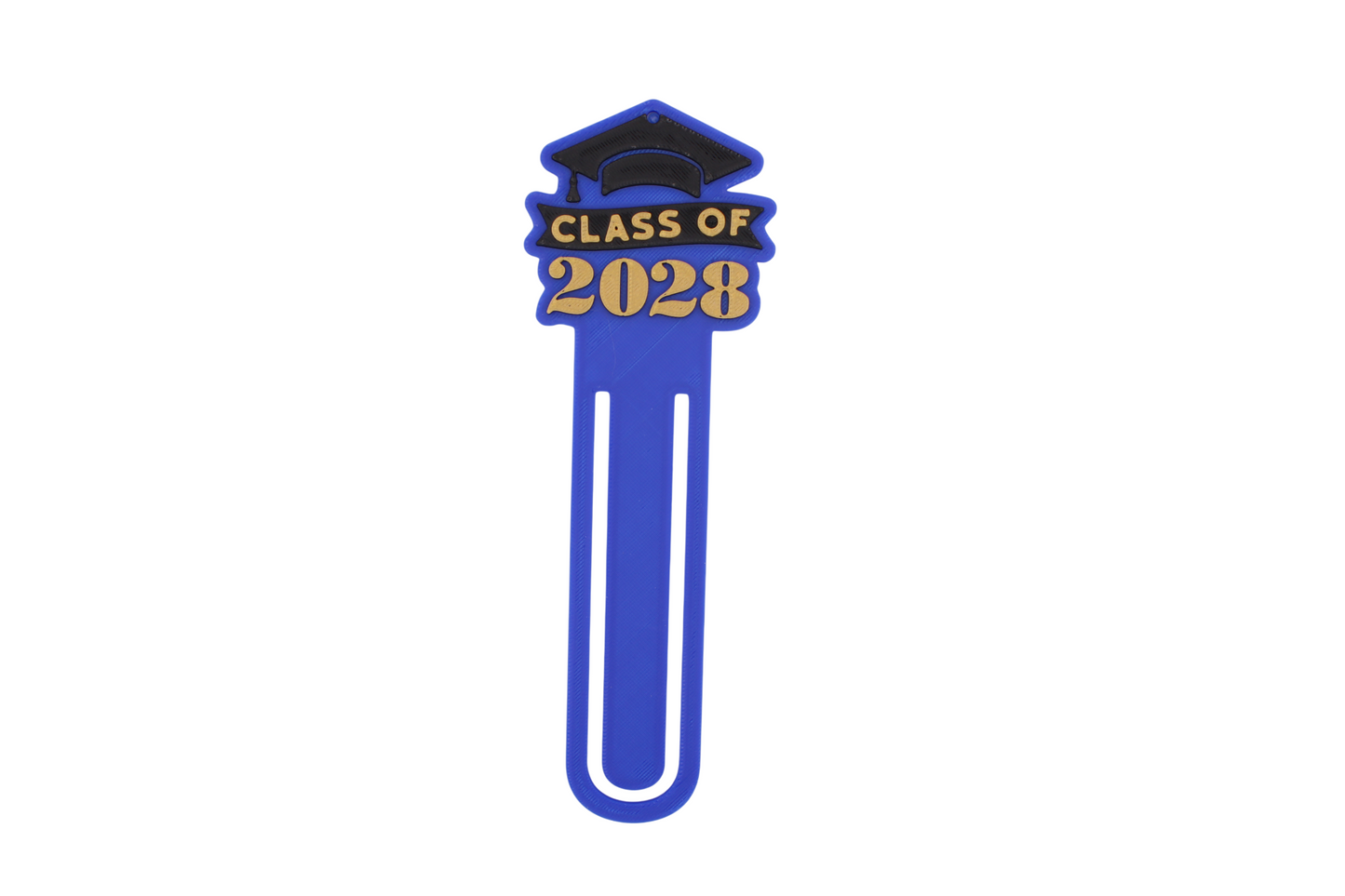 3D printed blue page clip bookmarks for Class of 2028 and Senior 2028 graduates, gold lettering set