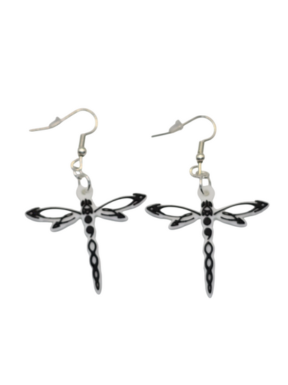 Dragonfly-shaped earrings on a white background