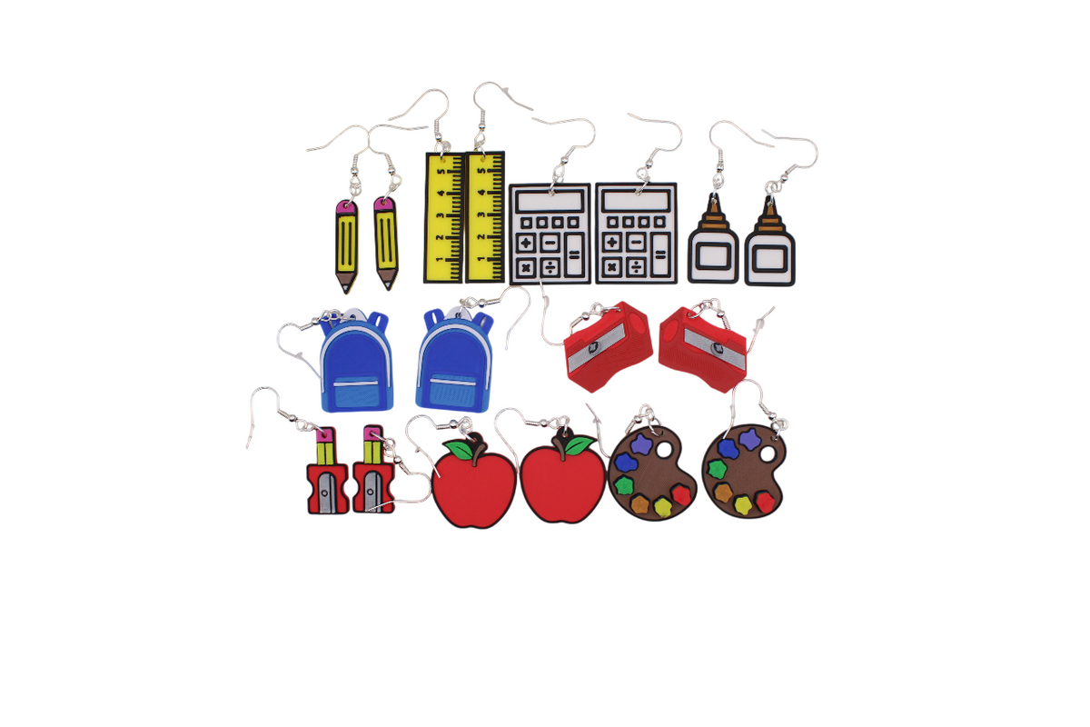 9-pair set of 3D printed school supplies earrings including pencils, rulers, and apples.