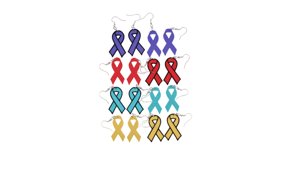 3D printed awareness ribbon earrings in purple, red, teal, and yellow with and without borders.