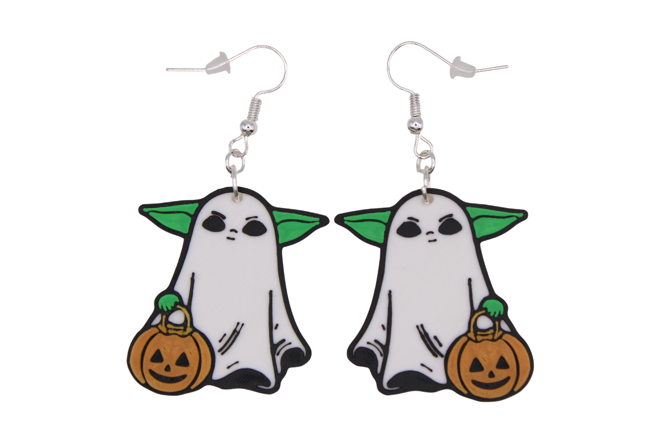 Ghost Grogu Halloween Earrings – 3D Printed Spooky Alien Earrings