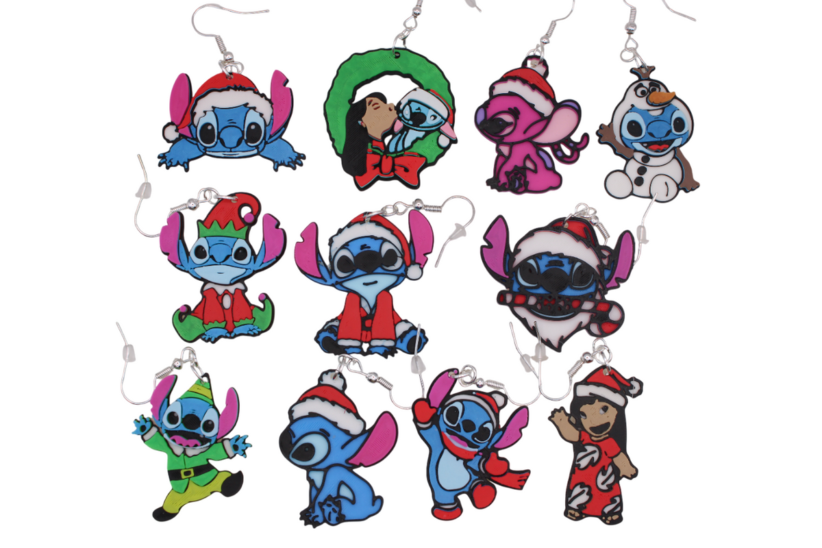 Colorful 3D printed Stitch Christmas earrings featuring Lilo and Angel in festive holiday outfits.