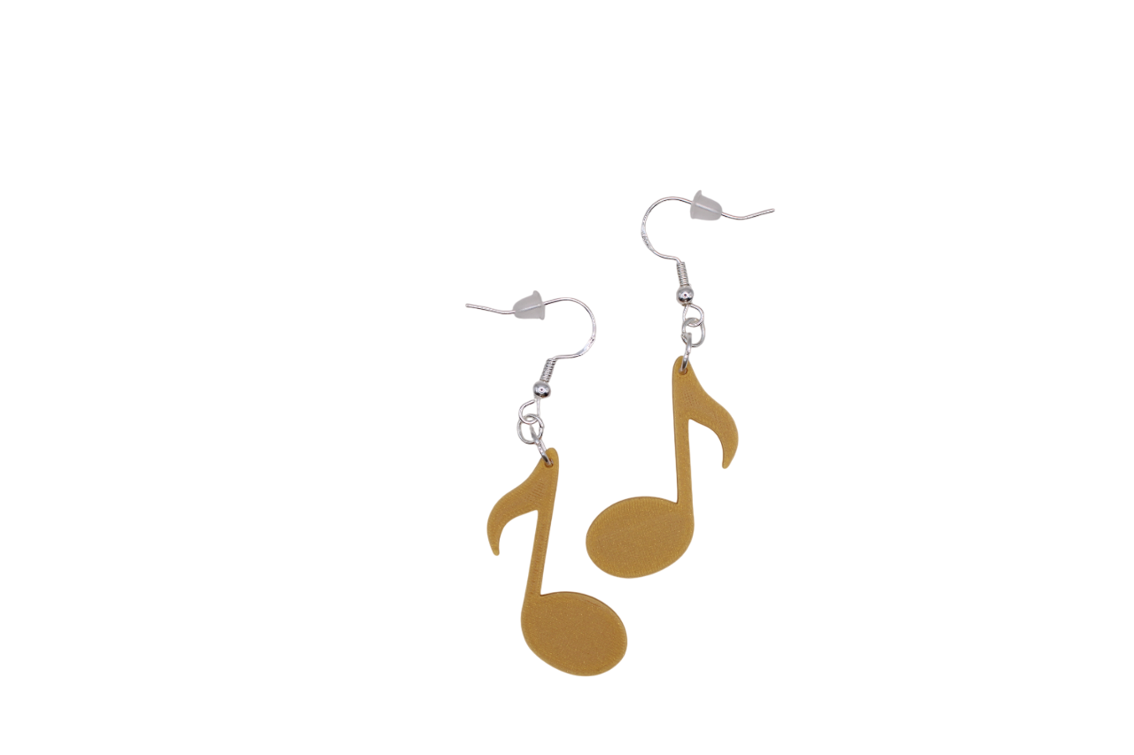 Gold 3D printed eighth note dangle earrings with silver-plated hooks on a white background.