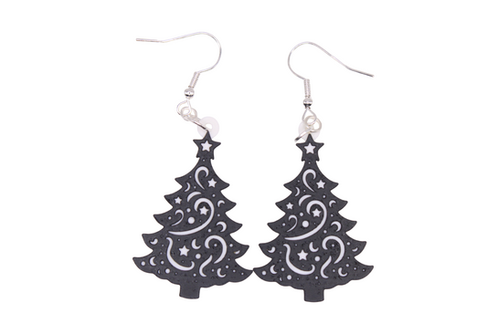Black Starburst Christmas Tree Earrings