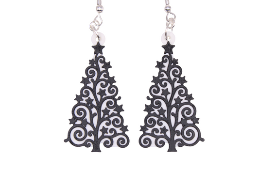 Black Swirl Christmas Tree Earrings