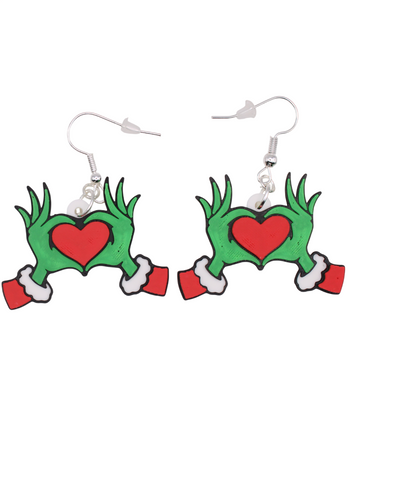 Grinch Heart Hand Earrings – Two Festive Styles with a Twist