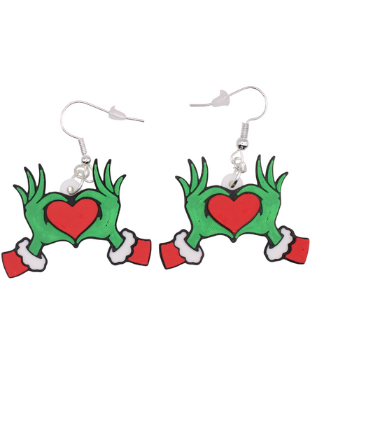 Grinch Heart Hand Earrings – Two Festive Styles with a Twist