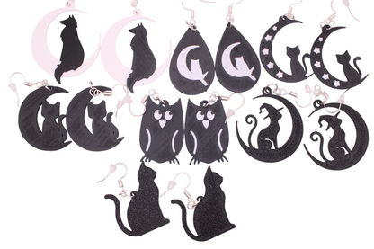 Celestial Creatures Earrings - Cats, Owls, and Moons